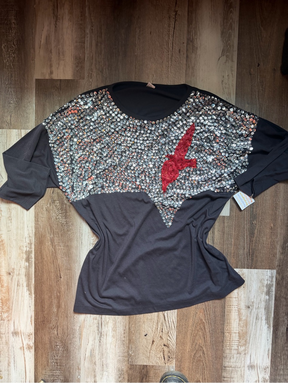 Black Sequin Accent Women's Top with Red Bird, Vintage 80s, Half Sleeve